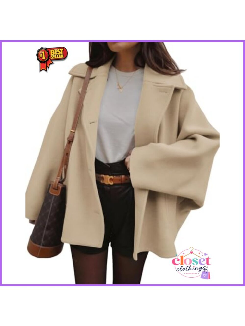 Polyester Pea Coat Notch Lapel Button Front Loose Fit Winter Jacket